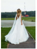 V Neck White Tulle Open Back Flowing Wedding Dress